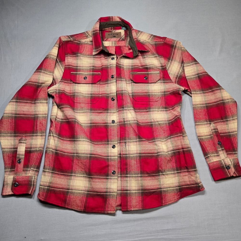 Orvis Big Bear Flannel Shirt Mens Medium Red Plaid Flannel Brushed Fleece - Picture 2 of 3